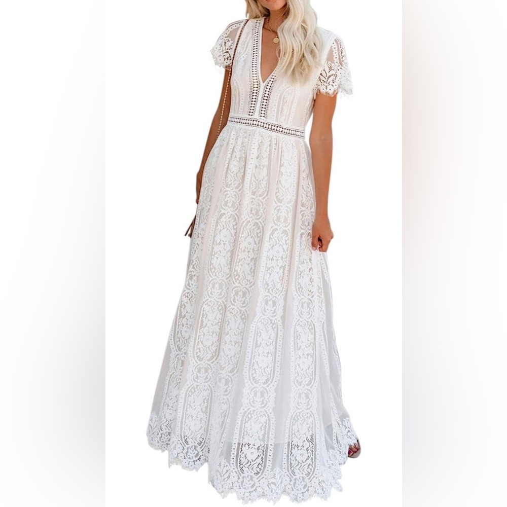 Boho Floral Lace White V-Neck Maxi Dress